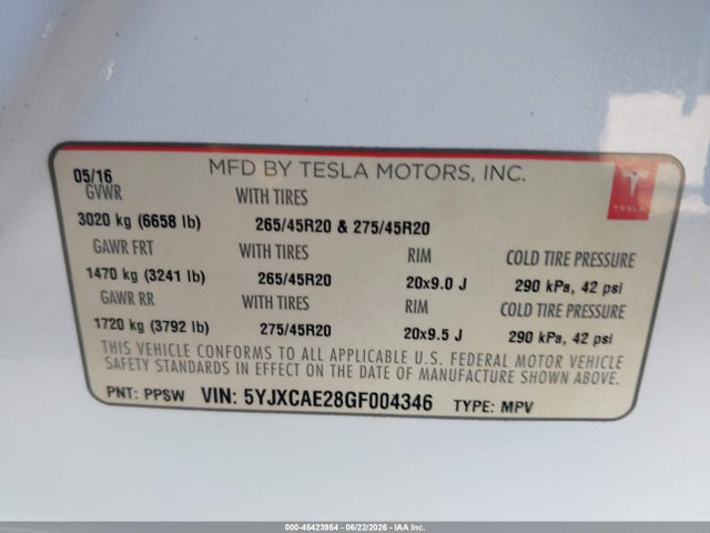 Tesla Model X 60d/70d/75d/90d 2016 5YJXCAE28GF004346 Image 9
