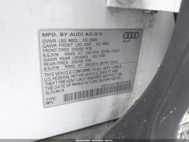45423993 :رقم المزاد ، WA1LAAF78HD027420 vin ، 2017 Audi Q7 3.0t Premium مزاد بيع