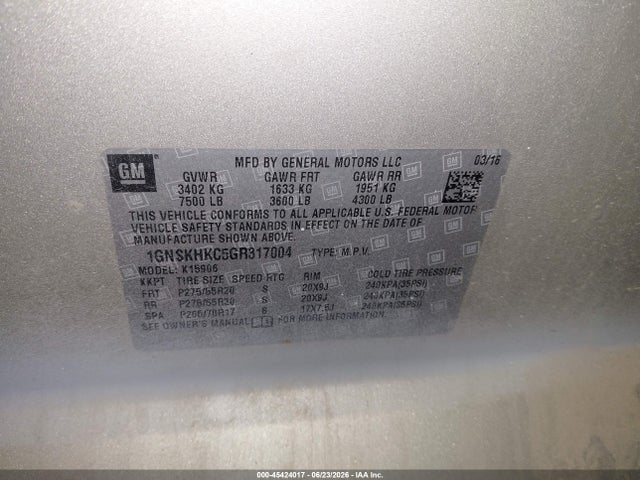 45424017 :رقم المزاد ، 1GNSKHKC5GR317004 vin ، 2016 Chevrolet Suburban Lt مزاد بيع