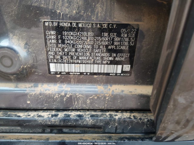 45424026 :رقم المزاد ، 3CZRZ2H76PM700469 vin ، 2023 Honda Hr-v Awd Ex-l مزاد بيع