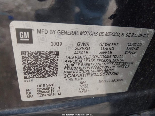 45424027 :رقم المزاد ، 3GNAXHEV1LS570256 vin ، 2020 Chevrolet Equinox Fwd Ls مزاد بيع