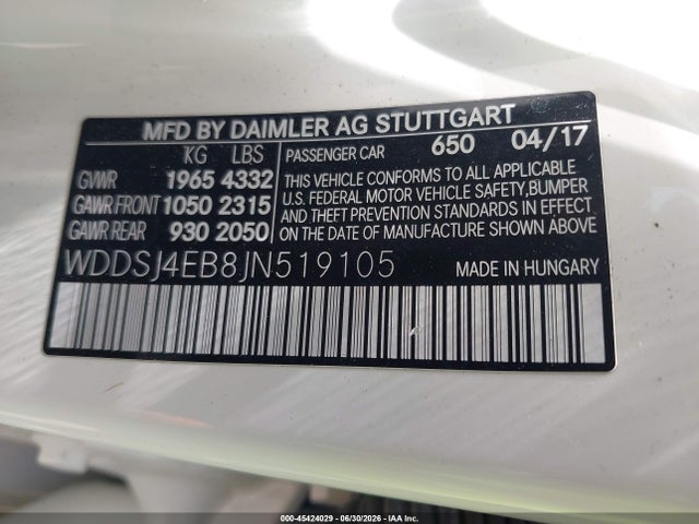 2018 Mercedes-benz Cla 250 მანქანა იყიდება აუქციონზე, vin: WDDSJ4EB8JN519105, აუქციონის ნომერი: 45424029