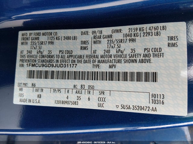 Ford ESCAPE SE 2018 1FMCU9GD9JUD31177 Image 9