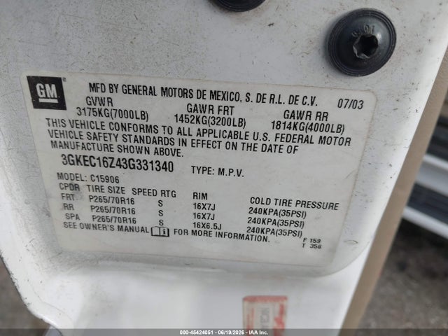 Aukcja sprzedaży 2003 Gmc Yukon Xl 1500 Slt, vin: 3GKEC16Z43G331340, numer aukcji: 45424051
