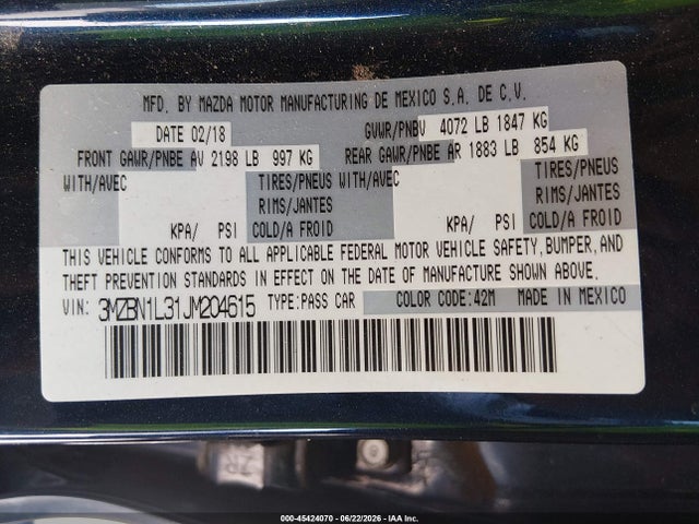 2018 Mazda Mazda3 Touring მანქანა იყიდება აუქციონზე, vin: 3MZBN1L31JM204615, აუქციონის ნომერი: 45424070