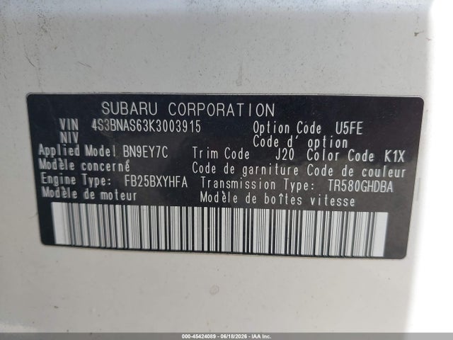 Aukcja sprzedaży 2019 Subaru Legacy 2.5i Sport, vin: 4S3BNAS63K3003915, numer aukcji: 45424089