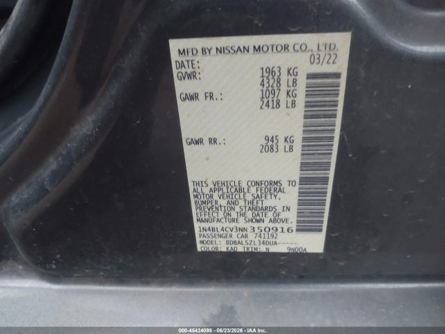 45424098 :رقم المزاد ، 1N4BL4CV3NN350916 vin ، 2022 Nissan Altima Sr Fwd مزاد بيع