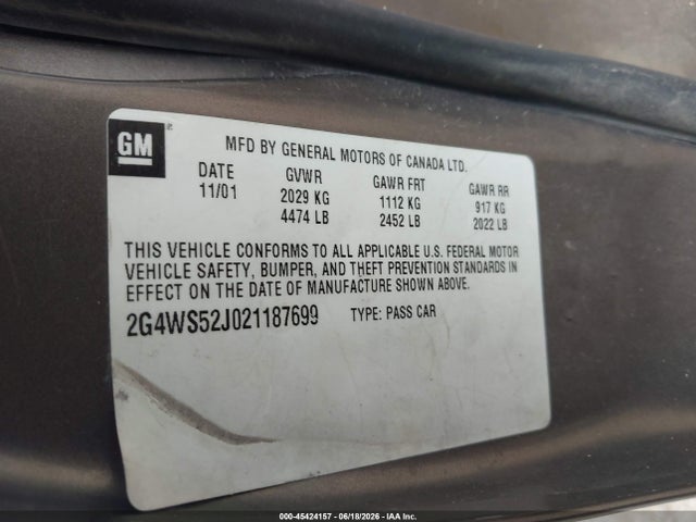 45424157 :رقم المزاد ، 2G4WS52J021187699 vin ، 2002 Buick Century Custom مزاد بيع