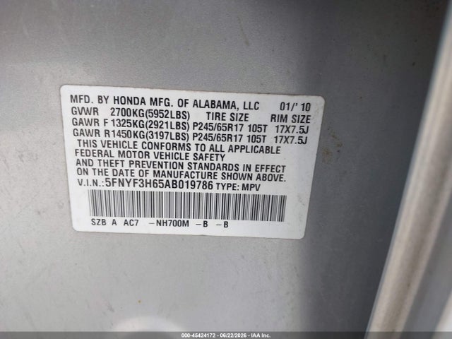 Aukcja sprzedaży 2010 Honda Pilot Ex-l, vin: 5FNYF3H65AB019786, numer aukcji: 45424172