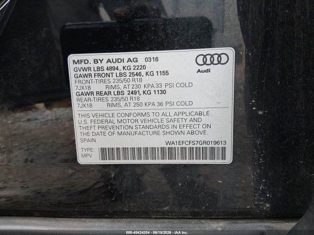 Продаж на аукціоні авто 2016 Audi Q3 2.0t Premium Plus, vin: WA1EFCFS7GR019613, номер лоту: 45424204