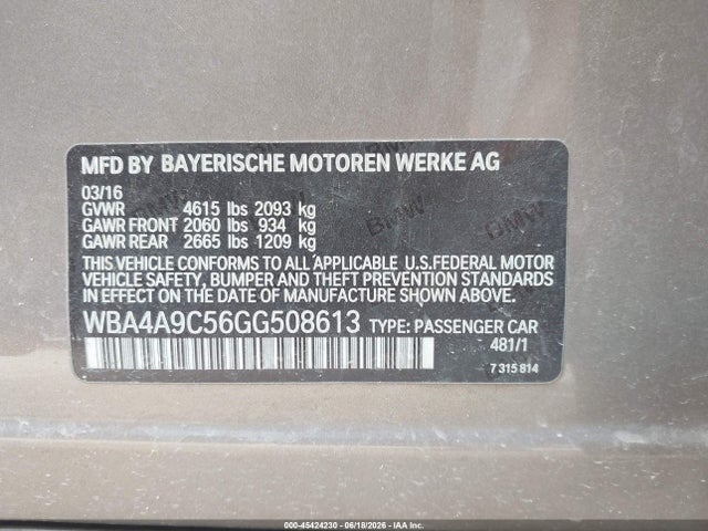 Aukcja sprzedaży 2016 Bmw 428i Gran Coupe, vin: WBA4A9C56GG508613, numer aukcji: 45424230