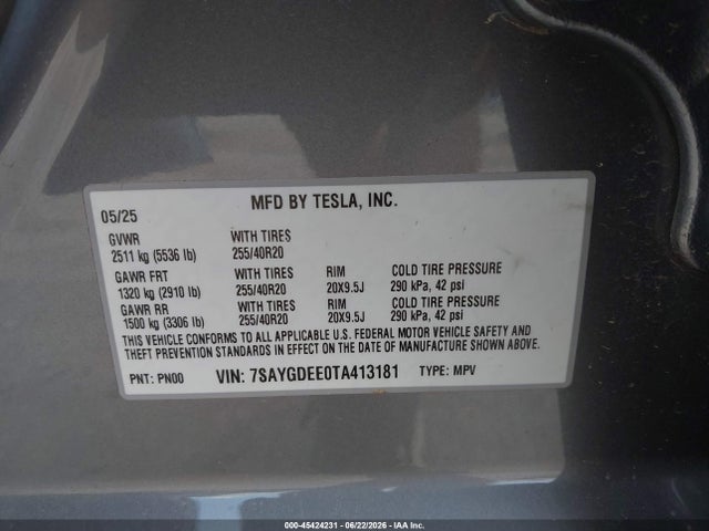 Продаж на аукціоні авто 2026 Tesla Model Y All-wheel Drive/long Range Launch Series/premium All-wheel Drive, vin: 7SAYGDEE0TA413181, номер лоту: 45424231