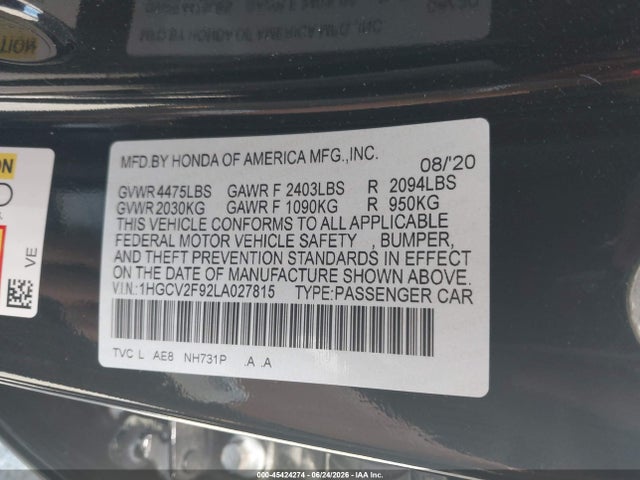 45424274 :رقم المزاد ، 1HGCV2F92LA027815 vin ، 2020 Honda Accord Touring مزاد بيع