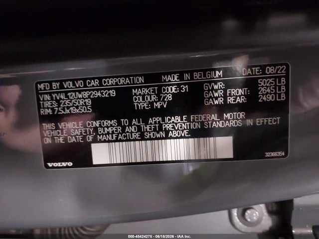 2023 Volvo Xc40 B5 Plus Dark Theme მანქანა იყიდება აუქციონზე, vin: YV4L12UW8P2943219, აუქციონის ნომერი: 45424275