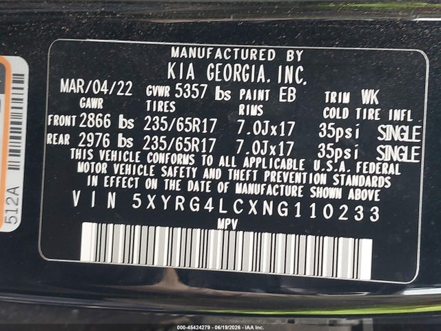 Aukcja sprzedaży 2022 Kia Sorento Lx, vin: 5XYRG4LCXNG110233, numer aukcji: 45424279