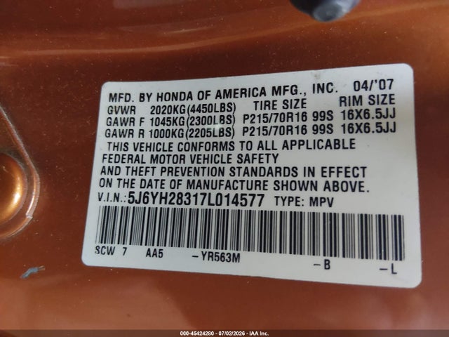 2007 Honda Element Lx მანქანა იყიდება აუქციონზე, vin: 5J6YH28317L014577, აუქციონის ნომერი: 45424280