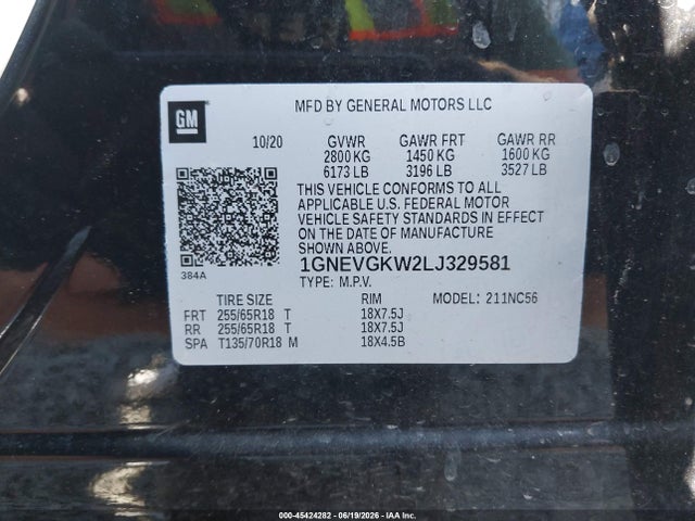 1GNEVGKW2LJ329581 Chevrolet Traverse Awd Lt Cloth