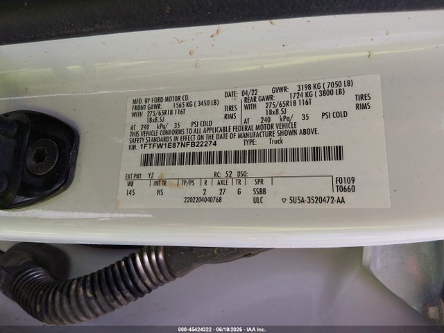 2022 Ford F-150 Lariat მანქანა იყიდება აუქციონზე, vin: 1FTFW1E87NFB22274, აუქციონის ნომერი: 45424322