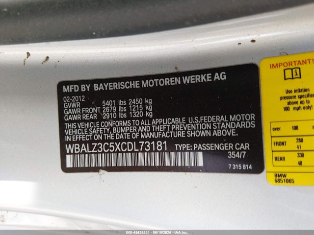 45424331 :رقم المزاد ، WBALZ3C5XCDL73181 vin ، 2012 Bmw 650i مزاد بيع