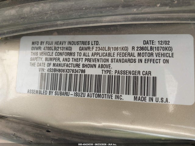 Auction sale of the 2003 Subaru Outback H6-3.0 L.l. Bean Edition, vin: 4S3BH806X37634786, lot number: 45424338