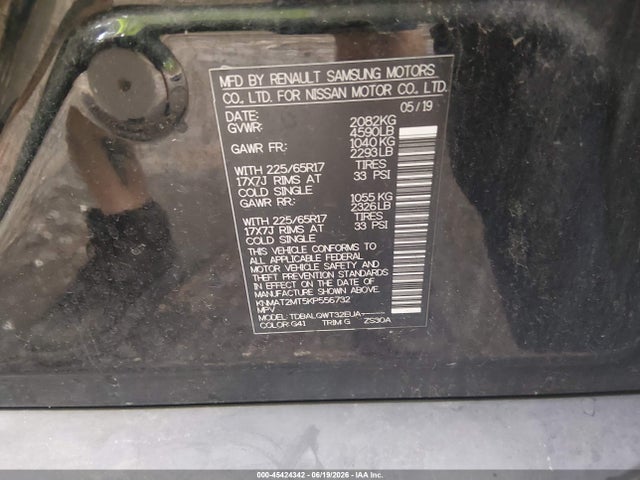 45424342 :رقم المزاد ، KNMAT2MT5KP556732 vin ، 2019 Nissan Rogue Sv مزاد بيع