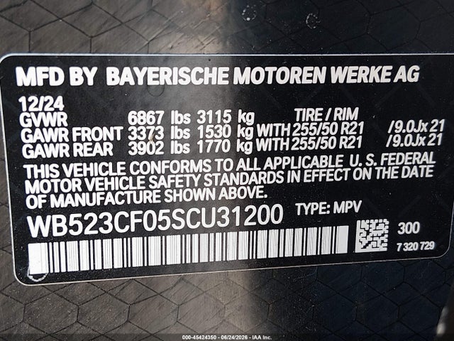 45424350 :رقم المزاد ، WB523CF05SCU31200 vin ، 2025 Bmw Ix Xdrive50 مزاد بيع