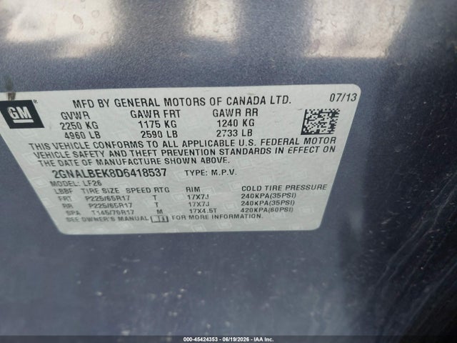 2013 Chevrolet Equinox Ls მანქანა იყიდება აუქციონზე, vin: 2GNALBEK8D6418537, აუქციონის ნომერი: 45424353
