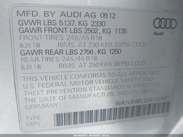 Aukcja sprzedaży 2013 Audi Allroad 2.0t Premium Plus, vin: WA1UFAFL2DA132887, numer aukcji: 45424379