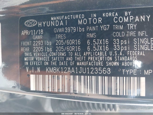 Продаж на аукціоні авто 2018 Hyundai Kona Se, vin: KM8K12AA1JU123563, номер лоту: 45424397