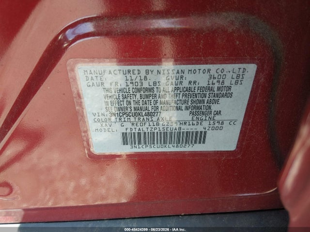 Aukcja sprzedaży 2019 Nissan Kicks Sr, vin: 3N1CP5CU0KL480277, numer aukcji: 45424399
