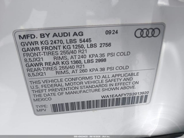 45424420 :رقم المزاد ، WA1EAAFY7S2013920 vin ، 2025 Audi Q5 Premium Plus 45 Tfsi S Line Quattro S Tronic مزاد بيع