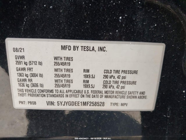 45424421 :رقم المزاد ، 5YJYGDEE1MF258528 vin ، 2021 Tesla Model Y Long Range Dual Motor All-wheel Drive مزاد بيع