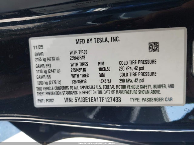 45424430 :رقم المزاد ، 5YJ3E1EA1TF127433 vin ، 2026 Tesla Model 3 Premium Rear-wheel Drive/rear-wheel Drive مزاد بيع