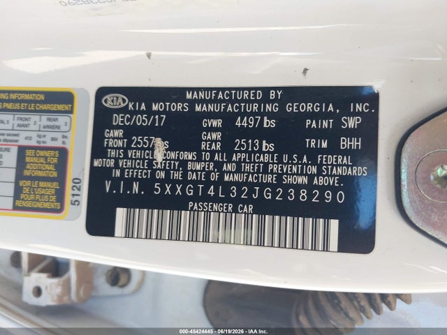 2018 Kia Optima Lx მანქანა იყიდება აუქციონზე, vin: 5XXGT4L32JG238290, აუქციონის ნომერი: 45424445