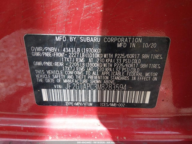2021 Subaru Crosstrek Premium მანქანა იყიდება აუქციონზე, vin: JF2GTAPC3M8283594, აუქციონის ნომერი: 45424452