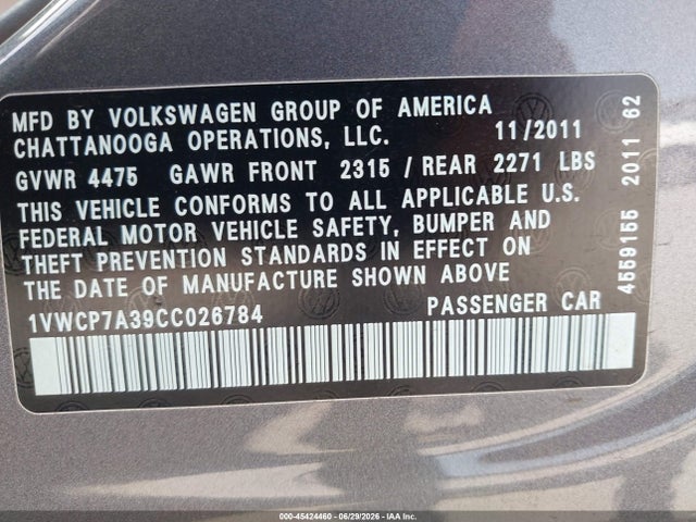 Aukcja sprzedaży 2012 Volkswagen Passat 2.5l Sel, vin: 1VWCP7A39CC026784, numer aukcji: 45424460