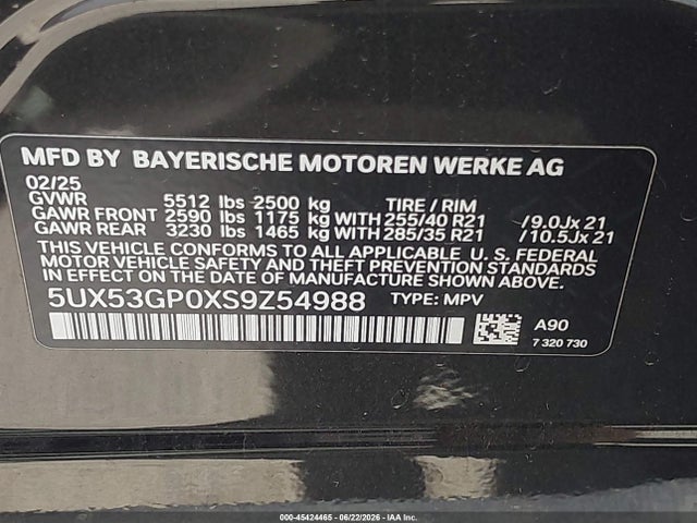 45424465 :رقم المزاد ، 5UX53GP0XS9Z54988 vin ، 2025 Bmw X3 30 Xdrive مزاد بيع