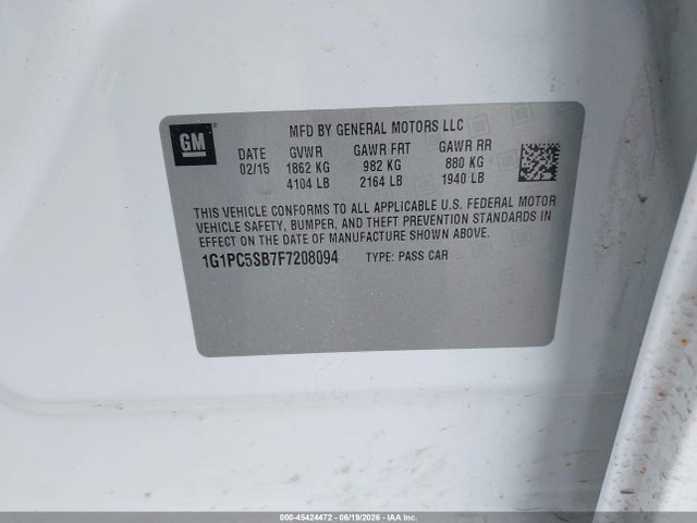 1G1PC5SB7F7208094 Chevrolet Cruze 1lt Auto