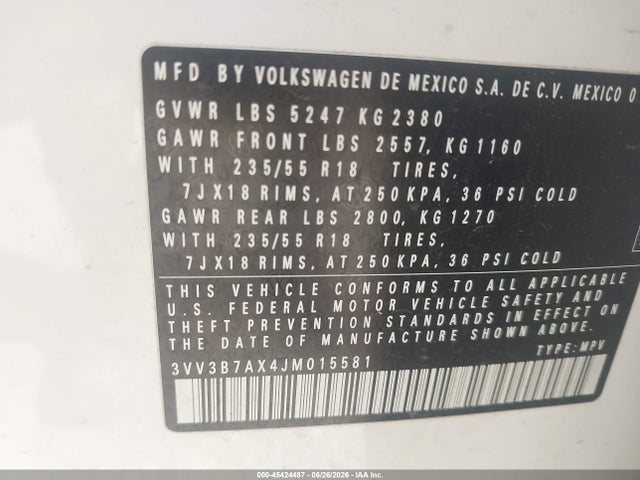 45424487 :رقم المزاد ، 3VV3B7AX4JM015581 vin ، 2018 Volkswagen Tiguan 2.0t Se/2.0t Sel مزاد بيع
