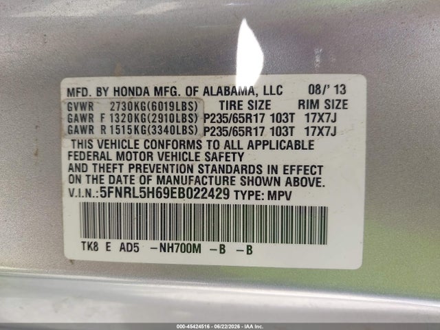 Honda Odyssey Ex-l 2014 5FNRL5H69EB022429 Image 9