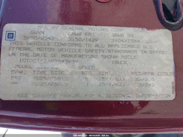 Auction sale of the 1993 Gmc Sierra C1500, vin: 1GTDC14Z6PZ545939, lot number: 45424522