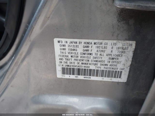 Aukcja sprzedaży 2010 Honda Fit Sport, vin: JHMGE8H45AC014688, numer aukcji: 45424535