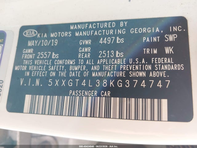 KIA Optima S 2019 5XXGT4L38KG374747 Image 9