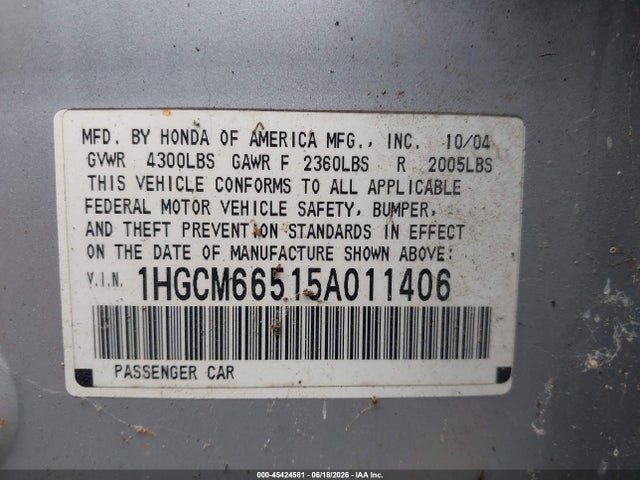 Auction sale of the 2005 Honda Accord 3.0 Ex, vin: 1HGCM66515A011406, lot number: 45424581