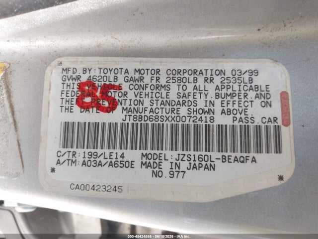 45424586 :رقم المزاد ، JT8BD68SXX0072418 vin ، 1999 Lexus Gs 300 مزاد بيع