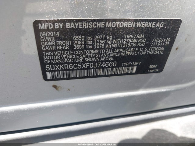 45424602 :رقم المزاد ، 5UXKR6C5XF0J74660 vin ، 2015 Bmw X5 Xdrive50i مزاد بيع