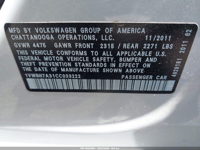 Aukcja sprzedaży 2012 Volkswagen Passat 2.5l Se, vin: 1VWBH7A31CC033222, numer aukcji: 45424604