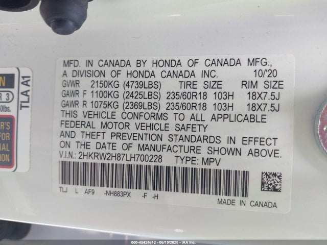2HKRW2H87LH700228 Honda Cr-v Awd Ex-l