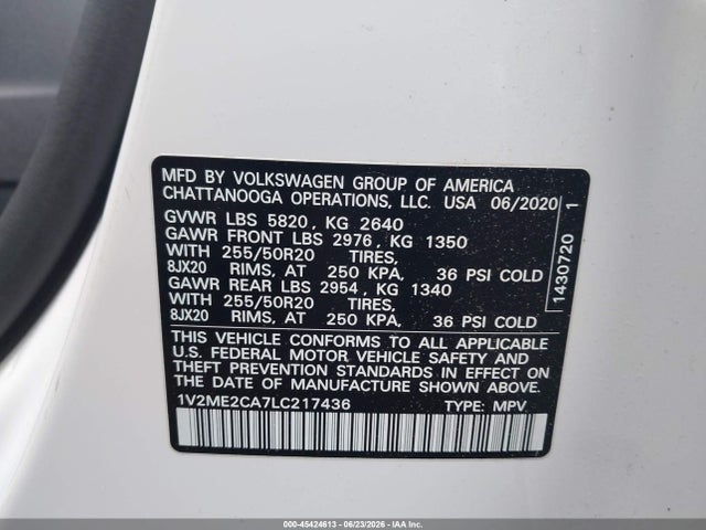 Продажа на аукционе авто 2020 Volkswagen Atlas Cross Sport 3.6l V6 Sel, vin: 1V2ME2CA7LC217436, номер лота: 45424613
