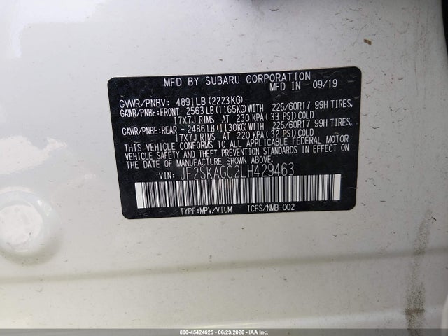 45424625 :رقم المزاد ، JF2SKAGC2LH429463 vin ، 2020 Subaru Forester Premium مزاد بيع